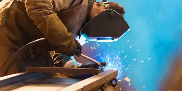 Professional welder with blue arc light and sparks