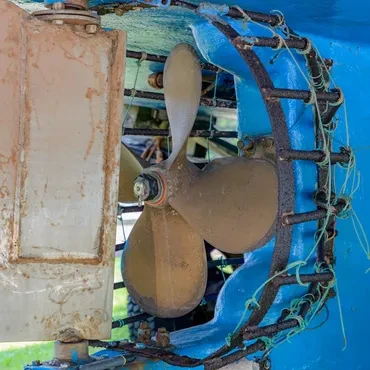 Boat propeller and hull marine repair close-up